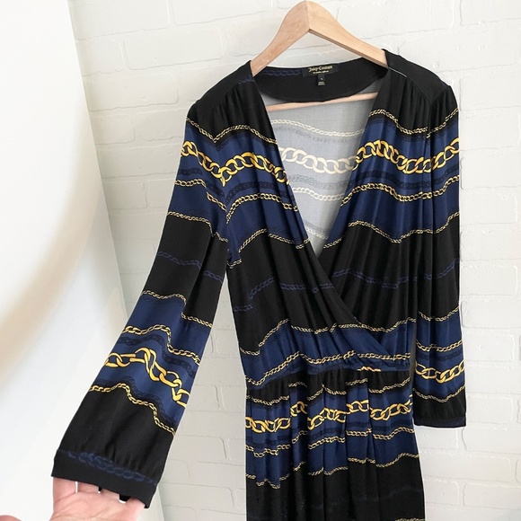 vintage Y2K Juicy Couture Mini dress Faux Wrap Scarf Chains print Navy Black L - Picture 7 of 13